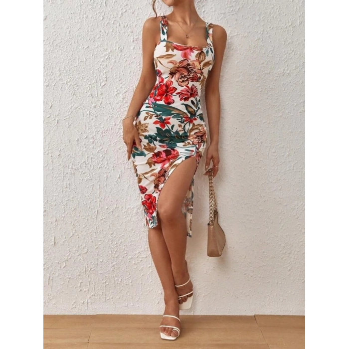 Kadın Askılı Kare Yakalı Yırtmaçlı çiçek Desenli Dalgıç Elbise