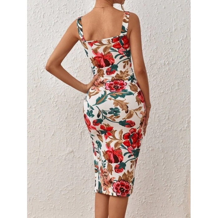 Kadın Askılı Kare Yakalı Yırtmaçlı çiçek Desenli Dalgıç Elbise