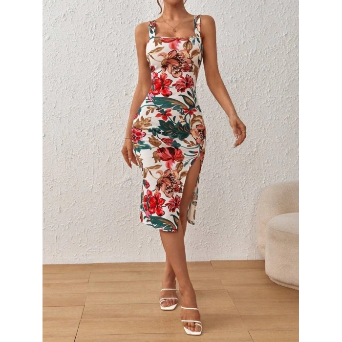 Kadın Askılı Kare Yakalı Yırtmaçlı çiçek Desenli Dalgıç Elbise