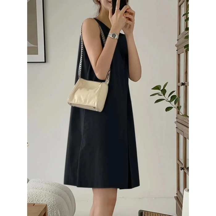 Kadın Askılı Sıfır Kol A Kesim Detaylı Ithal Krep Elbise