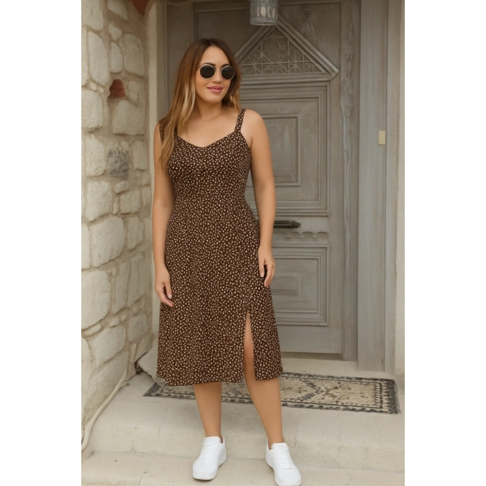 Kadın Askılı V Yakalı Beli Lastikli Yırtmaçlı Süprem Midi Elbise