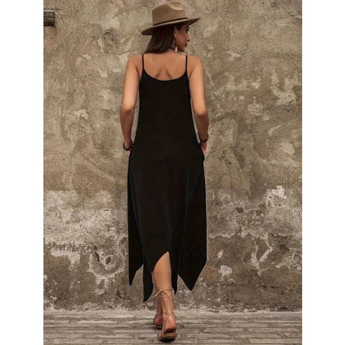 Kadın Askılı V Yakalı Cep Detaylı Asimetrik Kesim Detaylı Viskon Elbise