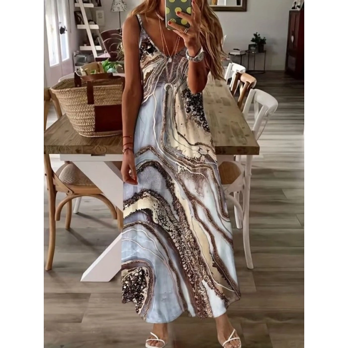 Kadın Askılı V Yakalı Desenlı Uzun Süprem Elbise