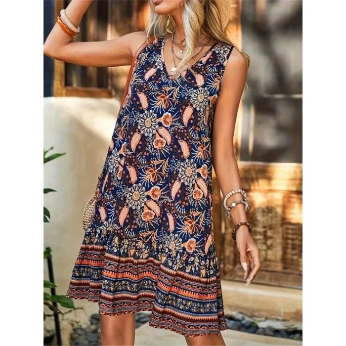 Kadın Askılı V Yakalı Fırfırlı Desenli Süprem Kısa Elbise