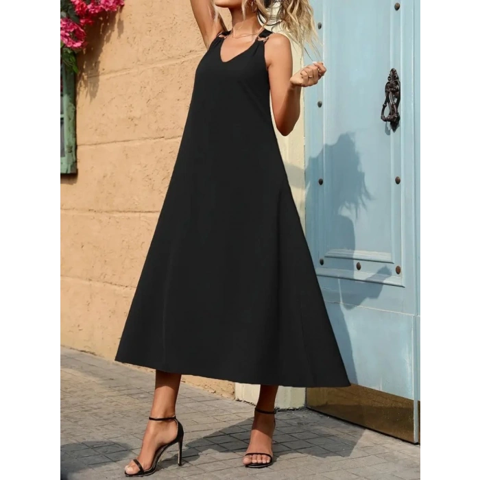 Kadın Askılı V Yakalı Halka Detaylı Maksi Boy Viskon Elbise