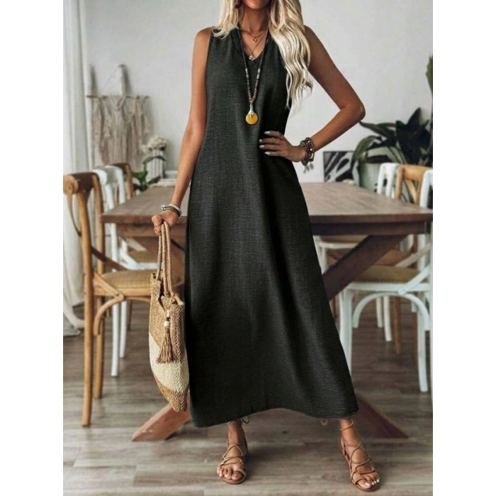 Kadın Askılı V Yakalı Uzun Elbise