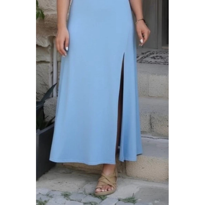 Kadın Askılı V Yakalı Yırtmaçlı Uzun Viskon Elbise