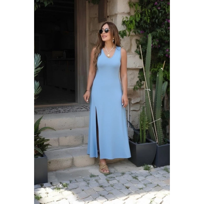 Kadın Askılı V Yakalı Yırtmaçlı Uzun Viskon Elbise