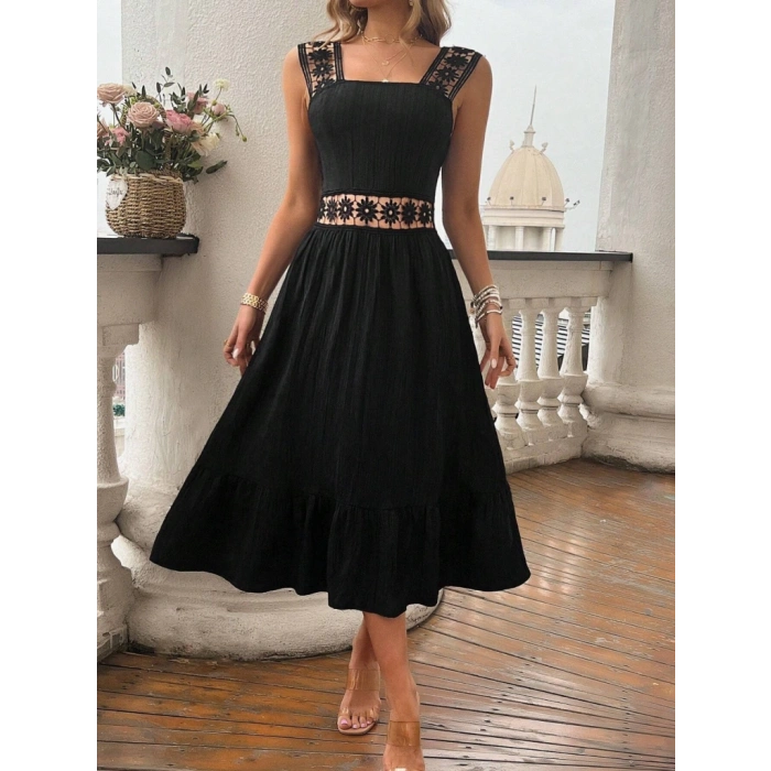 Kadın Askılı Ve Beli Dantel Detaylı Fırfırlı Uzun Bürümcük Elbise