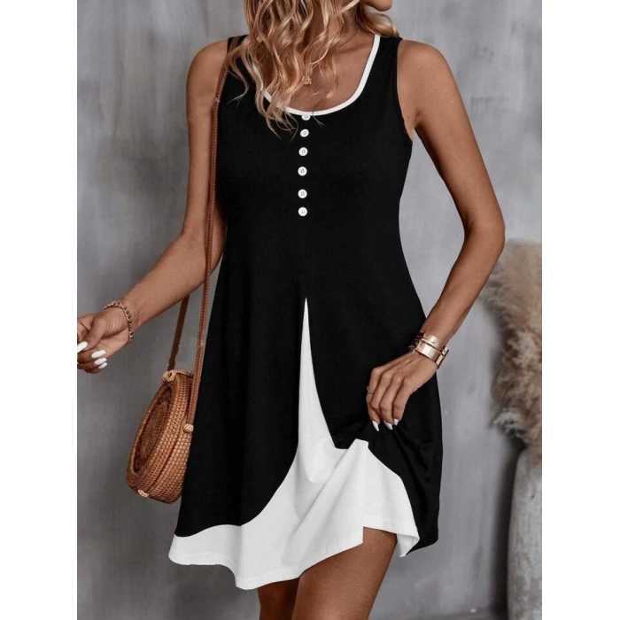Kadın Askılı Yuvarlak Yaka önden Düğmeli çift Renkli Viskon Elbise