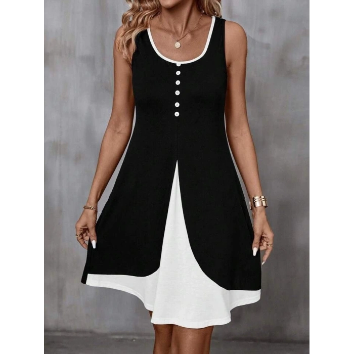 Kadın Askılı Yuvarlak Yaka önden Düğmeli çift Renkli Viskon Elbise
