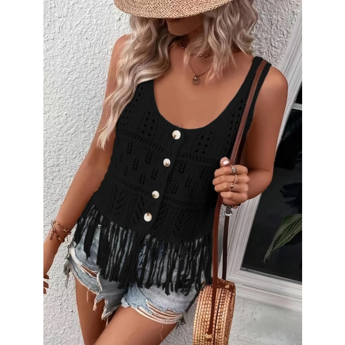 Kadın Askılı Yuvarlak Yaka önden Düğmelipüsküllü Triko Bluz