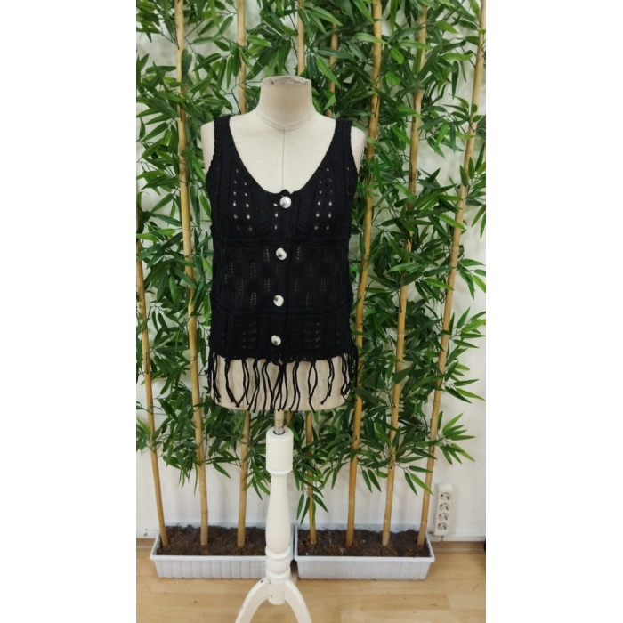 Kadın Askılı Yuvarlak Yaka önden Düğmelipüsküllü Triko Bluz