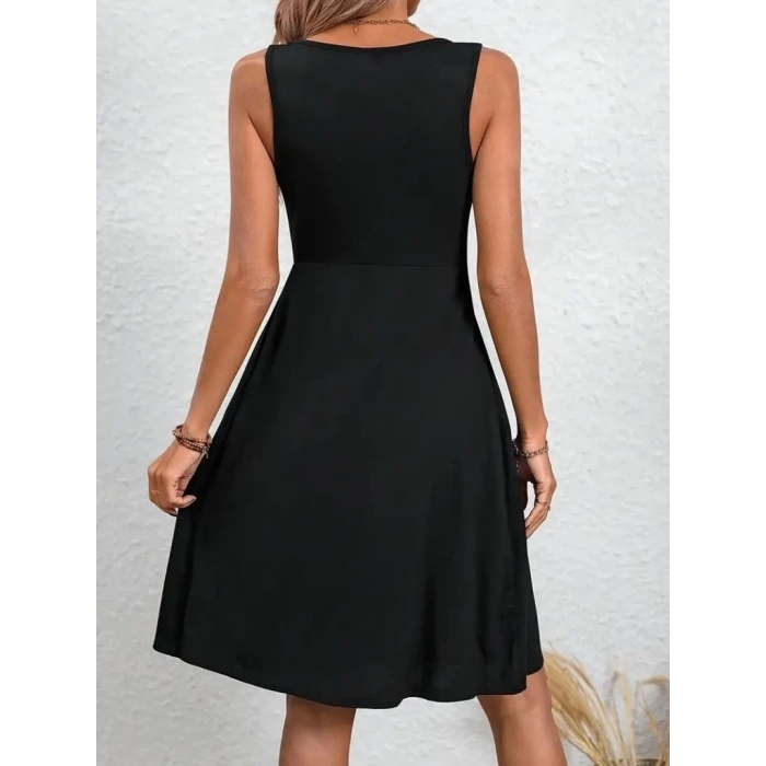 Kadın Askılı Yuvarlak Yaka önden Pileli Viskon Elbise