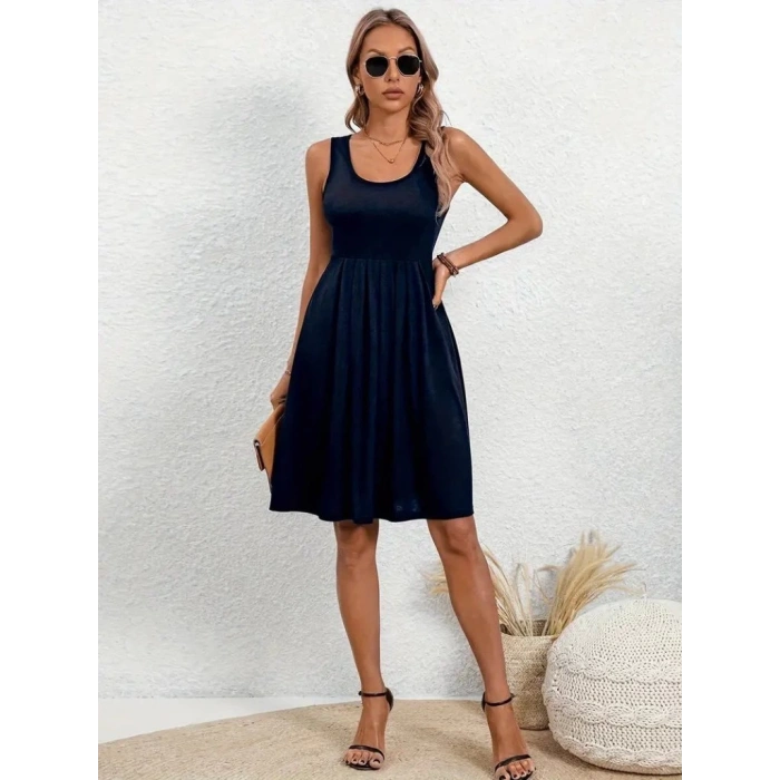 Kadın Askılı Yuvarlak Yaka önden Pileli Viskon Elbise