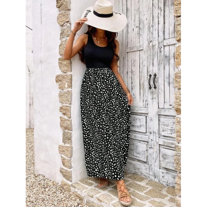 Kadın Askılı Yuvarlak Yaka üst Viskon Alt Desenli Bürümcük Elbise