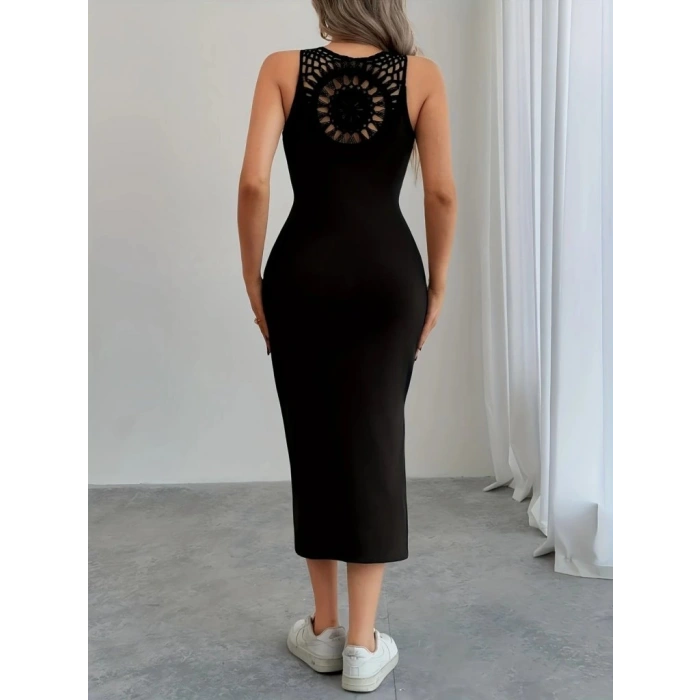 Kadın Askılı Yuvarlak Yakalı Yandan Yırtmaçlı Arkası Dantel Detaylı Viskon Elbise