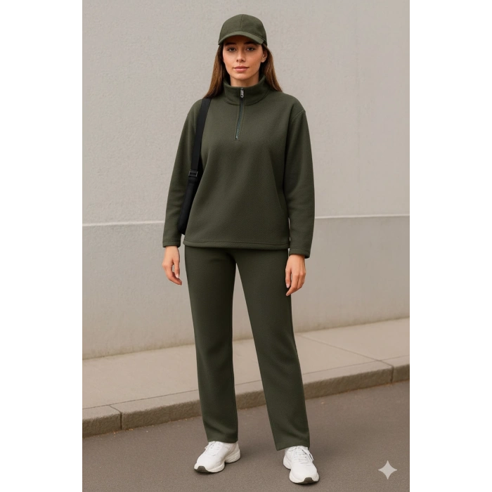 Kadın Balıkçı Yaka Fermuar Detay Polar Sweat Ve Pantolon Ikili Takım