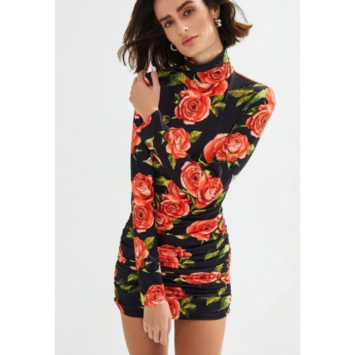 Kadın Balıkçı Yaka Gül Baskılı Fırsat ürün Mini Elbise