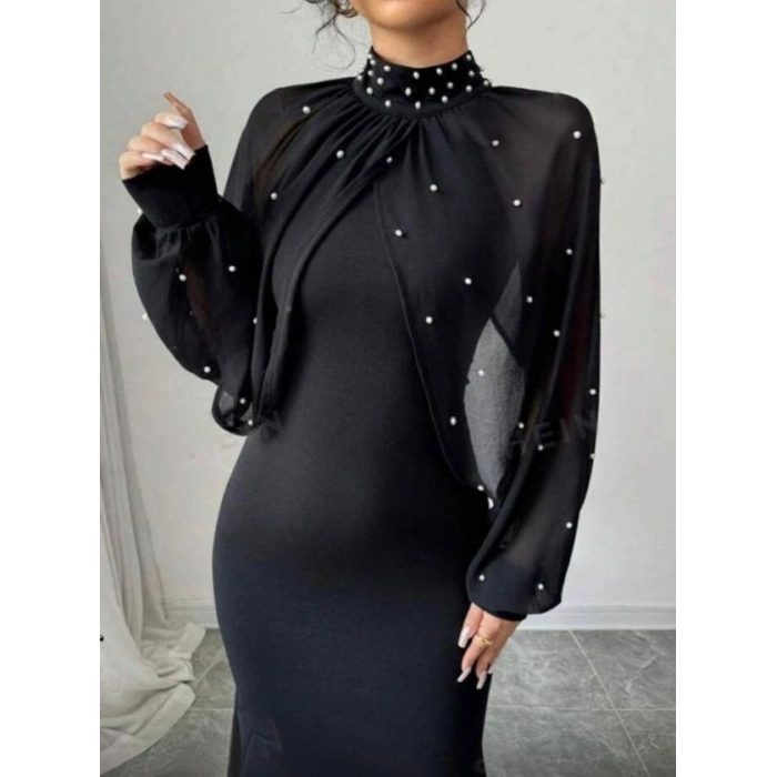 Kadın Balıkçı Yaka İnci Ve Tül Detay Dalgıç Kumaş Maxi Boy Elbise