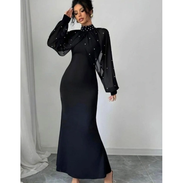 Kadın Balıkçı Yaka İnci Ve Tül Detay Dalgıç Kumaş Maxi Boy Elbise