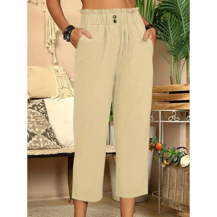 Kadın Bel Büzgü Ve Düğme Detay Kapri Keten Pantolon