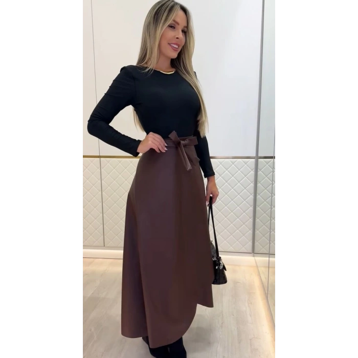 Kadın Belden Kuşaklı Uzun Deri Etek