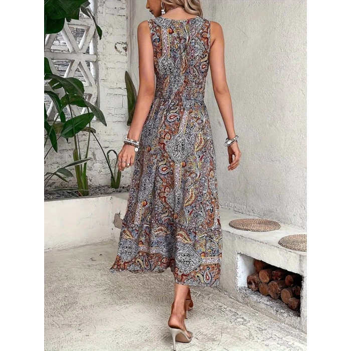 Kadın Beli Gipeli Etnik Desen Sıfır Kol Süprem Elbise