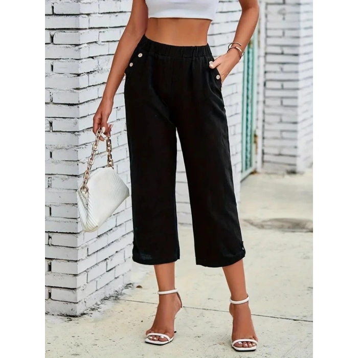 Kadın Beli Lastikli Düğme Ve Cep Detaylı Kapri Ithal Keten Pantolon