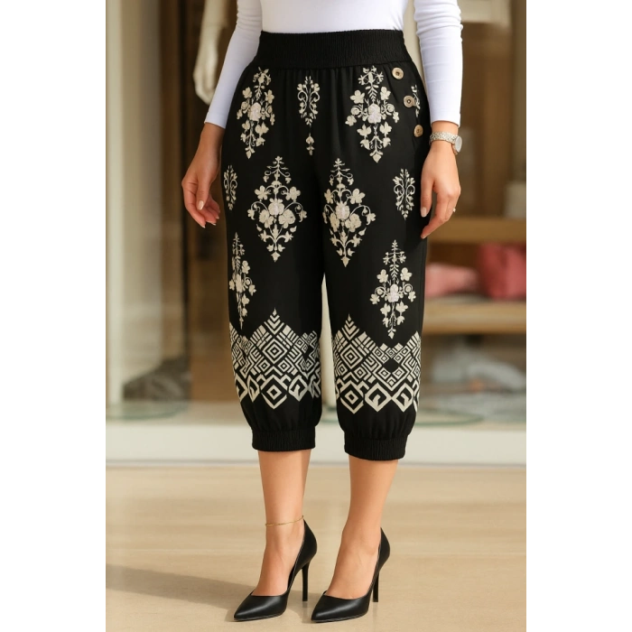 Kadın Beli Lastikli Etnik Desenli Kapri Süprem Pantolon