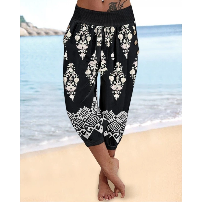 Kadın Beli Lastikli Etnik Desenli Kapri Süprem Pantolon