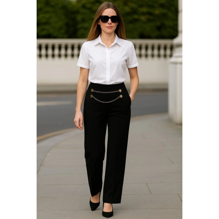 Kadın Beli Zincir Detay Ithal Krep Pantolon