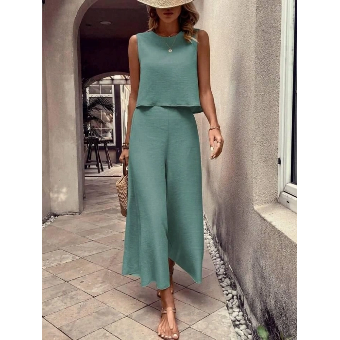 Kadın Bisiklet Yaka Kolsuz Bluz Ve Bol Paça Aerobin Kumaş Ikili Takım