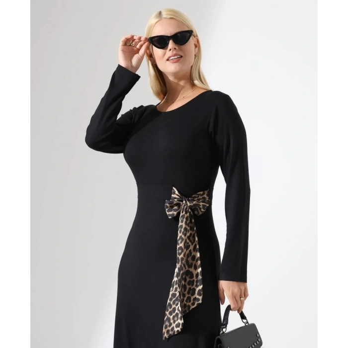 Kadın Bisiklet Yaka Leopar Fiyonk Detay Maxi Boy Elbise