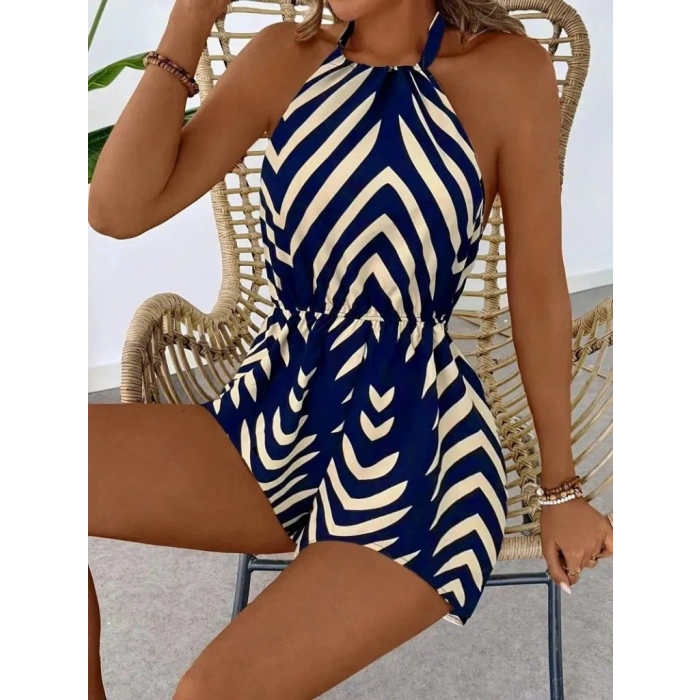 Kadın Boyundan Askılı Halter Yakalı Desenli Süprem Tulum