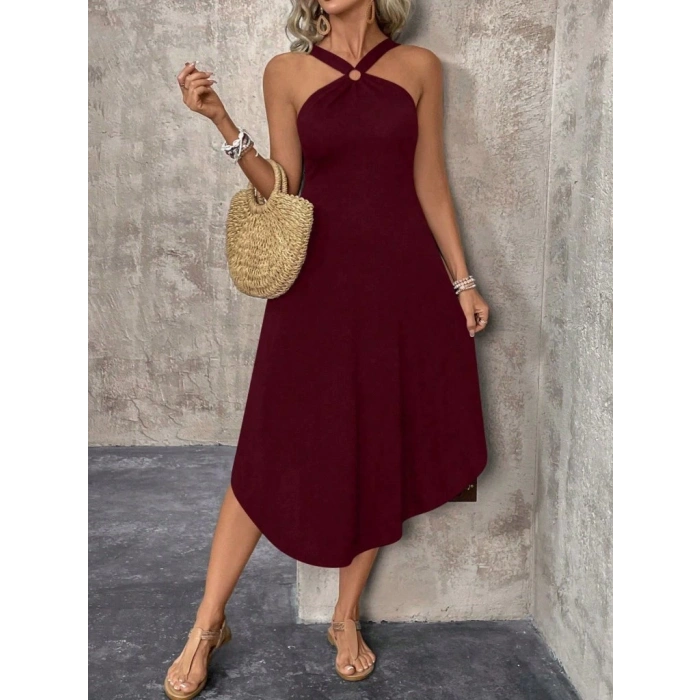 Kadın Boyundan çapraz Askılı Halka Detaylı Asimetrik Kesim Viskon Elbise