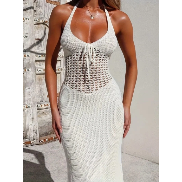 Kadın Boyundan Ve Sırttan Bağlamalı Dekolteli Triko Uzun Elbise