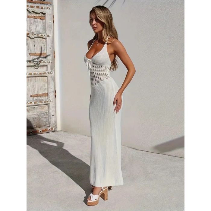 Kadın Boyundan Ve Sırttan Bağlamalı Dekolteli Triko Uzun Elbise