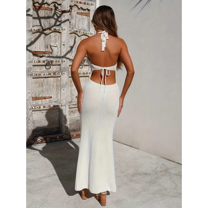 Kadın Boyundan Ve Sırttan Bağlamalı Dekolteli Triko Uzun Elbise