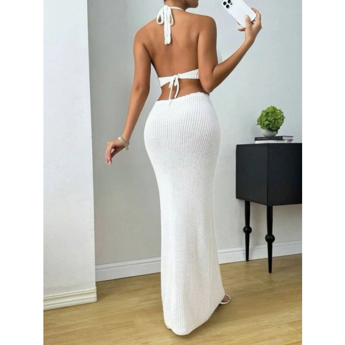 Kadın Boyundan Ve Sırttan Bağlamalı Dekolteli Triko Uzun Elbise