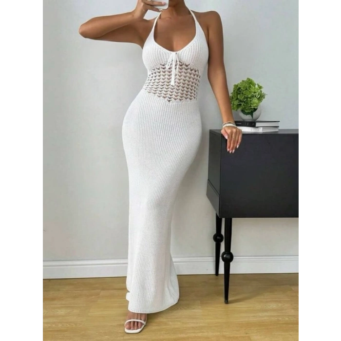 Kadın Boyundan Ve Sırttan Bağlamalı Dekolteli Triko Uzun Elbise