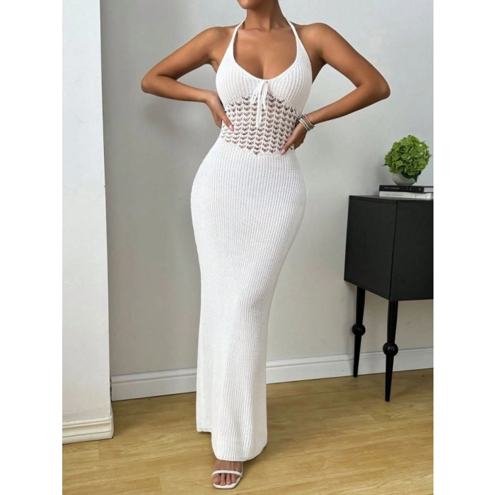 Kadın Boyundan Ve Sırttan Bağlamalı Dekolteli Triko Uzun Elbise