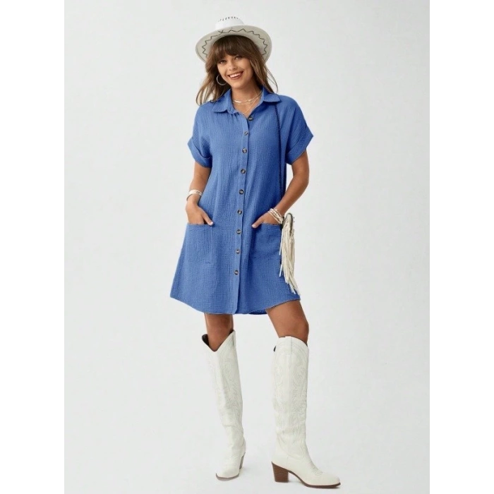 Kadın Cep Detay Müslin Kumaş Mini Gömlek Elbise