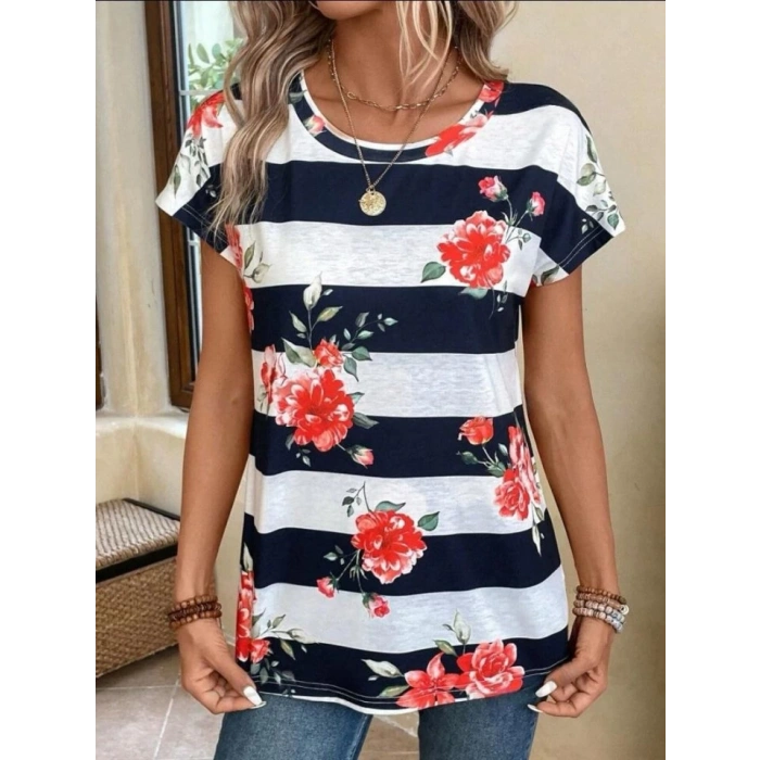 Kadın Çiçek Desenli Yatay Şeritli Bisiklet Yaka Tişört