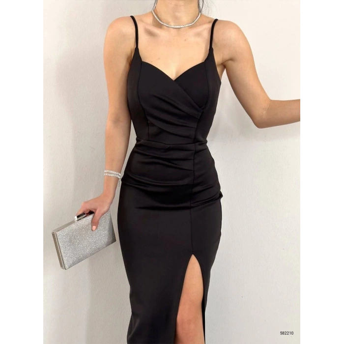 Kadın Dalgıç Kumaş Askılı Yırtmaç Detaylı V Yaka Maxi Boy Elbise