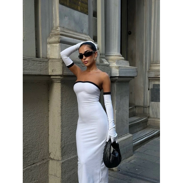 Kadın Dalgıç Kumaş Askısız Yırtmaç Detaylı Elbise