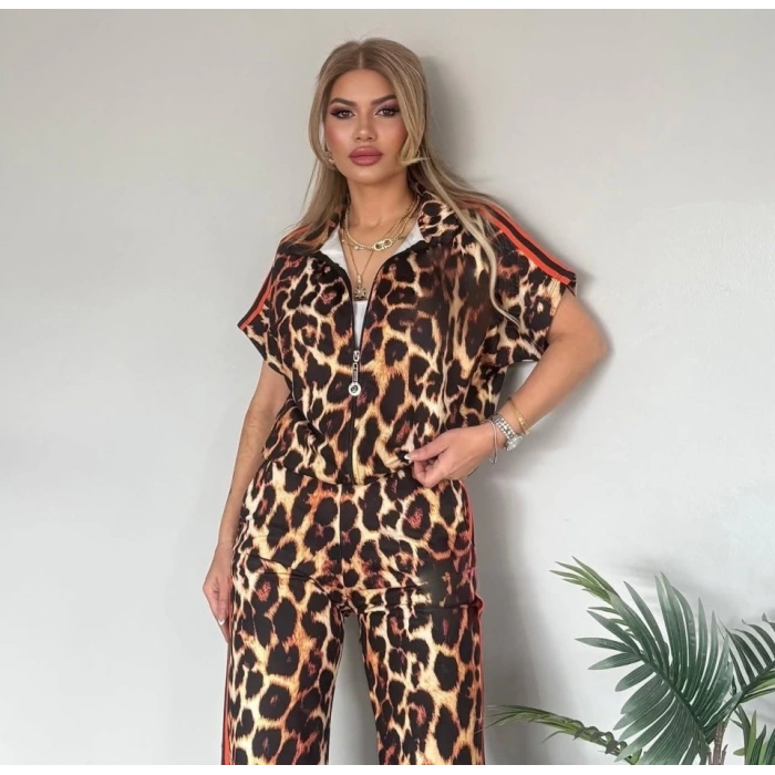 Kadın Dalgıç Kumaş Dijital Leopar Baskılı şerit Detaylı Takım