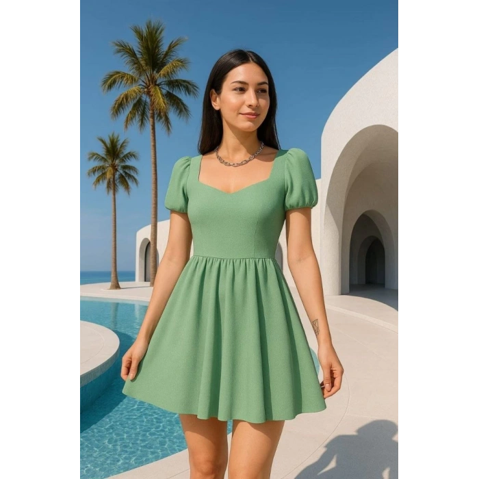 Kadın Dalgıç Kumaş Kalp Yaka Elbise