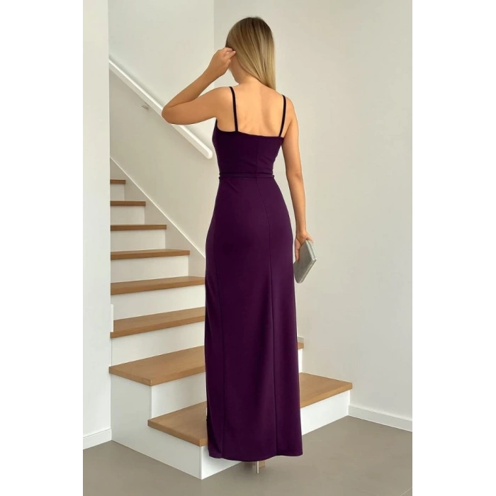 Kadın Dalgıç Kumaş V Yaka Yırtmaç Detaylı Maxi Boy Elbise