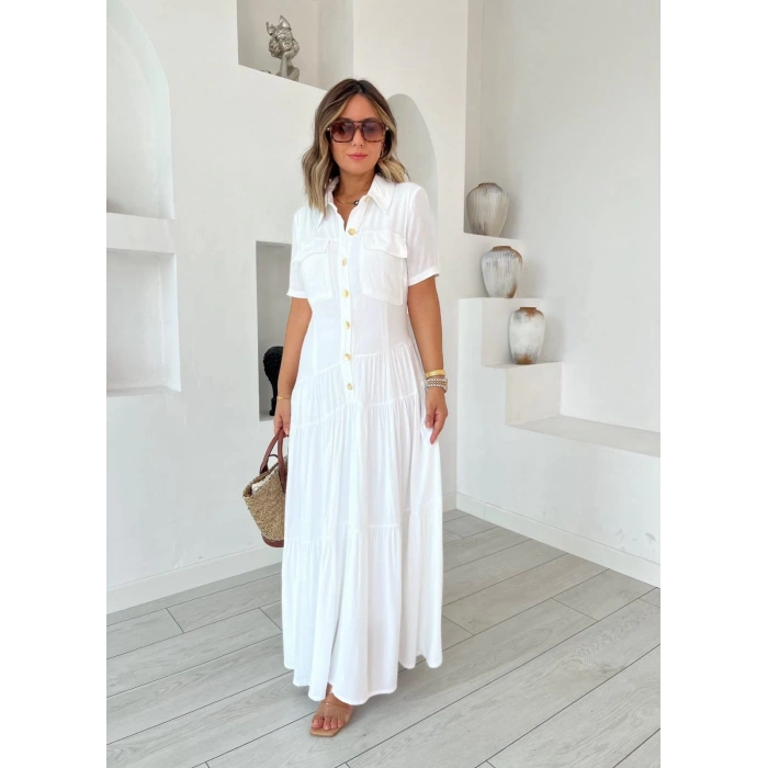 Kadın Dokuma Kumaş Cep Detaylı Maxi Boy Gömlek Elbise